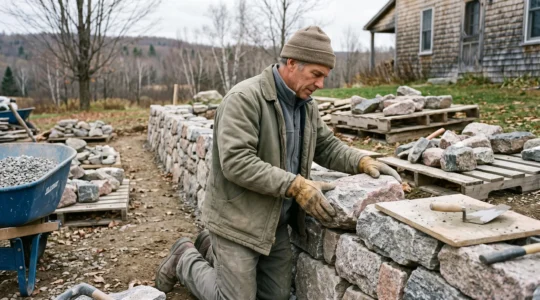 Un maçon pose une pierre des champs sur un muret de soutènement en pierre naturelle dans un aménagement paysager au Québec.