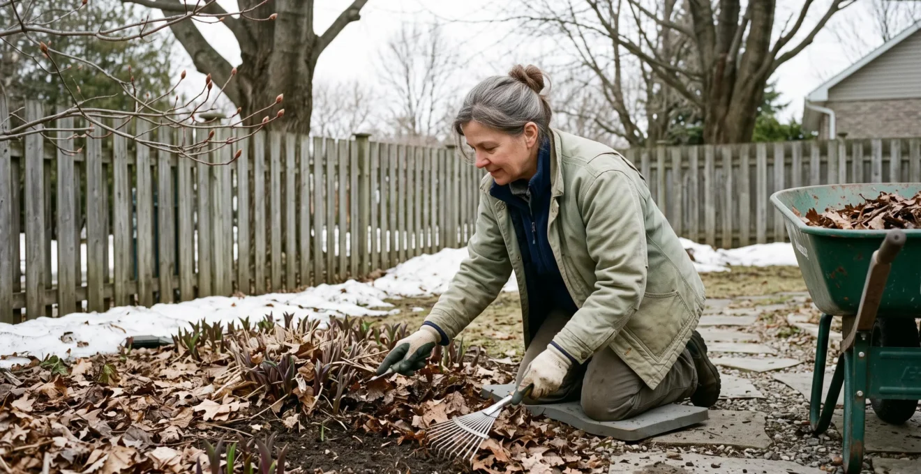 Un jardinier retire délicatement les feuilles mortes d'une plate-bande de vivaces au début du printemps au Québec, en dégagent les couronnes encore dormantes.
