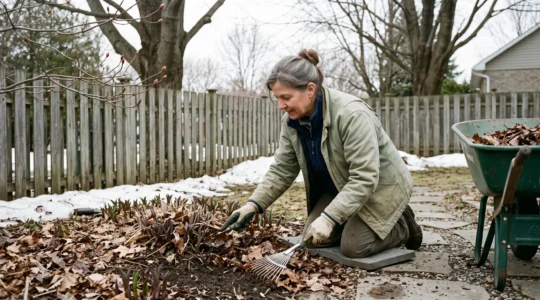 Un jardinier retire délicatement les feuilles mortes d'une plate-bande de vivaces au début du printemps au Québec, en dégagent les couronnes encore dormantes.
