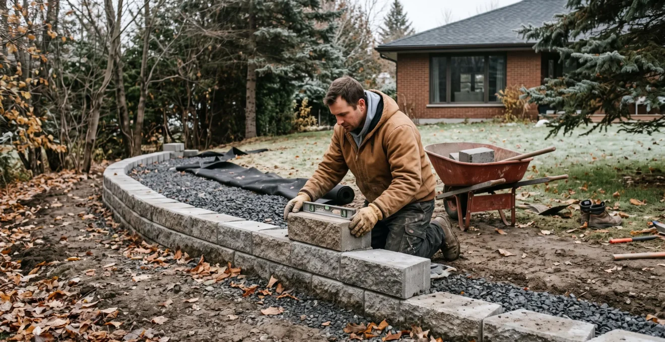Un paysagiste pose un bloc de béton sur un muret de soutènement en construction dans une cour résidentielle du Québec à l'automne.