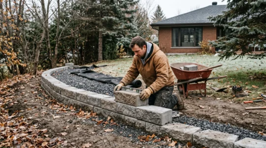 Un paysagiste pose un bloc de béton sur un muret de soutènement en construction dans une cour résidentielle du Québec à l'automne.