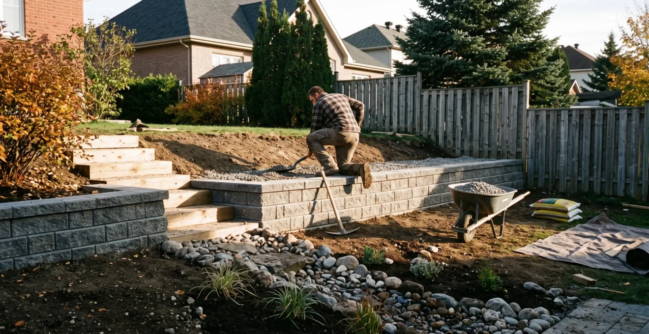 Un paysagiste installe un lit de gravier drainant derrière un muret de terrassement dans une cour en pente au Québec.