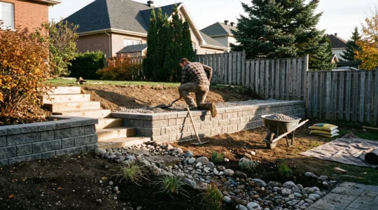 Un paysagiste installe un lit de gravier drainant derrière un muret de terrassement dans une cour en pente au Québec.