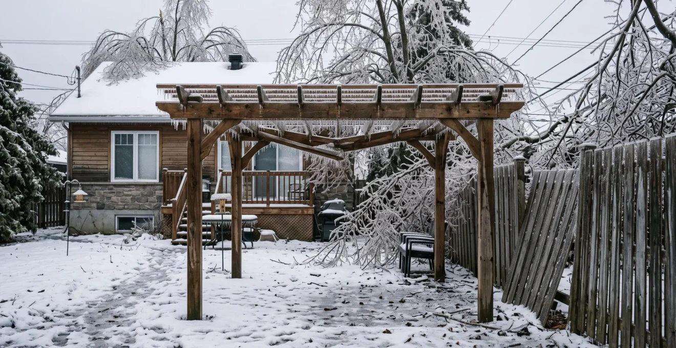 Une pergola et une clôture en bois couvertes de verglas après une tempête de glace dans une cour résidentielle au Québec.
