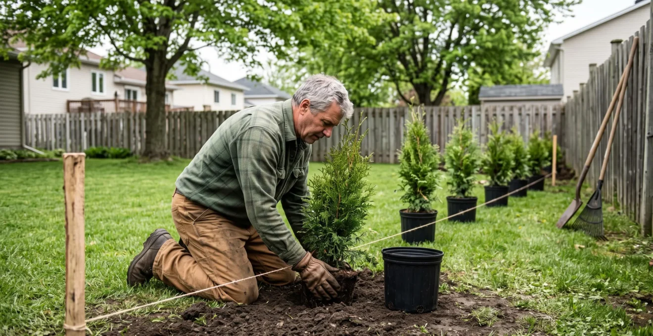 Une personne accrotit la terre autour du plant d'un jeune cèdre lors de la plantation d'une rangée de cèdres alignés le long d'une clôture au Québec.