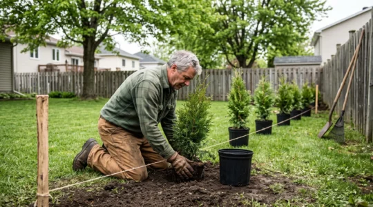 Une personne accrotit la terre autour du plant d'un jeune cèdre lors de la plantation d'une rangée de cèdres alignés le long d'une clôture au Québec.