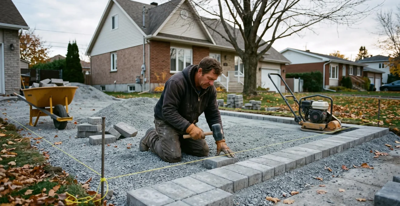 Un paysagiste pose des pavés de béton sur une fondation de gravier compacté dans une entrée résidentielle au Québec, à l'automne.