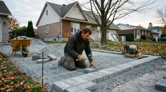 Un paysagiste pose des pavés de béton sur une fondation de gravier compacté dans une entrée résidentielle au Québec, à l'automne.