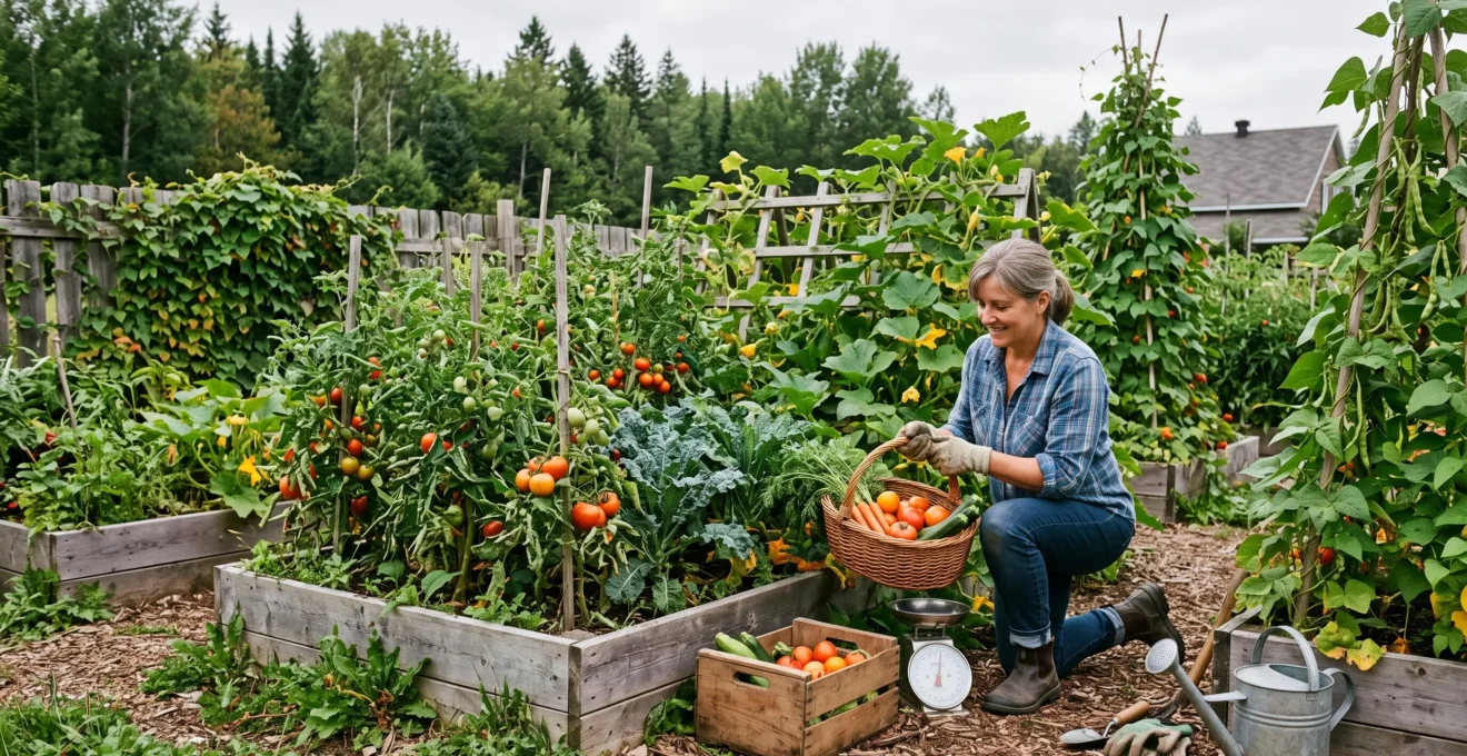 Un jardinier récolte des tomates, des carottes et des courgettes dans un panier au bord d'un potager de planches surélevées dense, au Québec, en fin d'été.