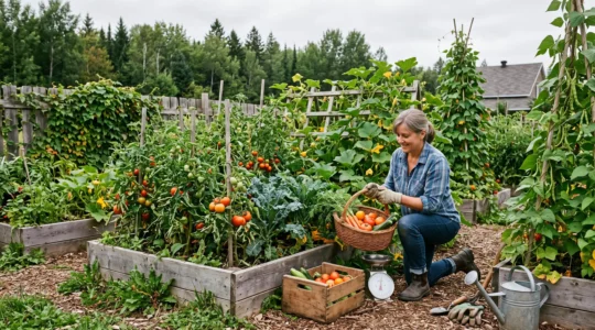 Un jardinier récolte des tomates, des carottes et des courgettes dans un panier au bord d'un potager de planches surélevées dense, au Québec, en fin d'été.