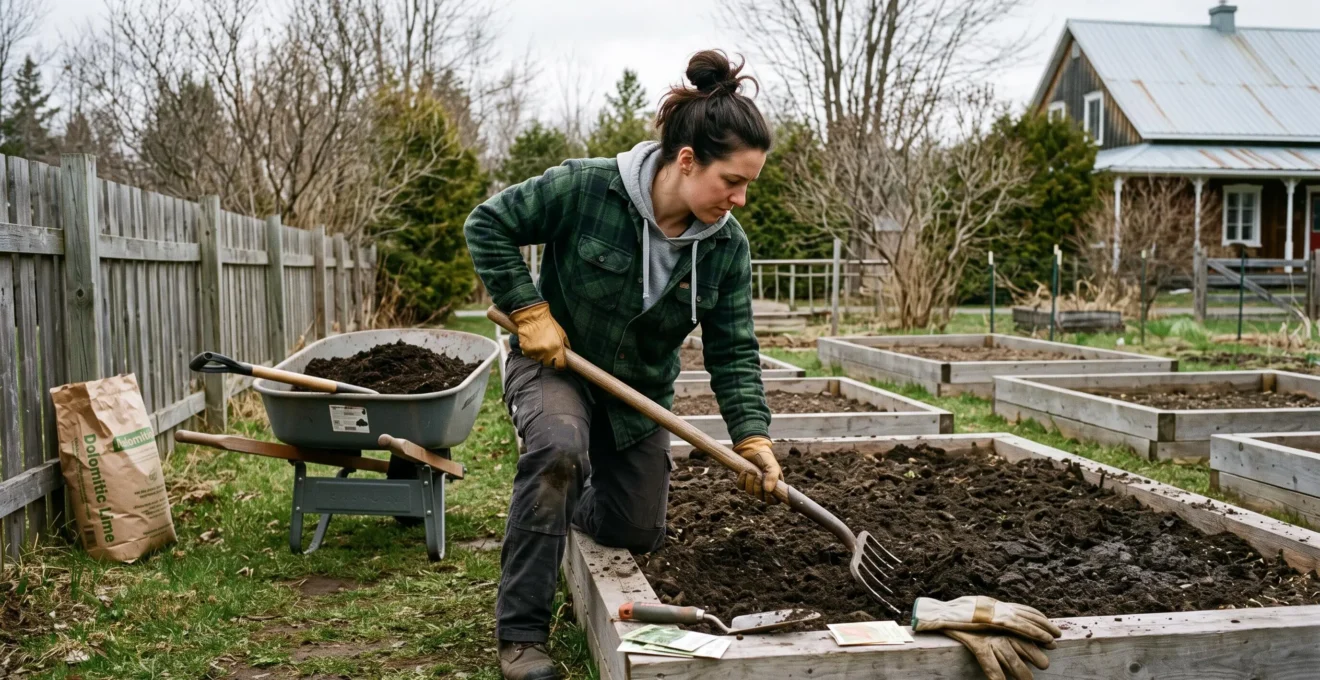 Un jardinier travaille un sol argileux compacté à la fourche-bêche dans un potager au printemps, avec une brouette de compost et un sac de chaux à proximité.