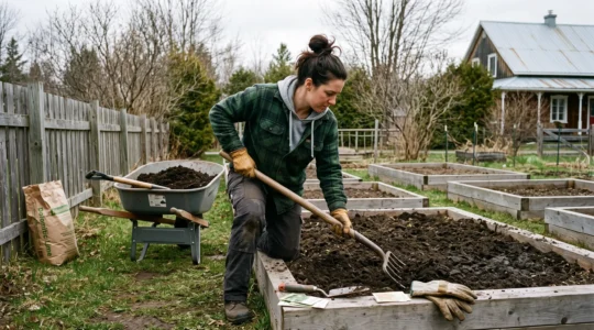 Un jardinier travaille un sol argileux compacté à la fourche-bêche dans un potager au printemps, avec une brouette de compost et un sac de chaux à proximité.