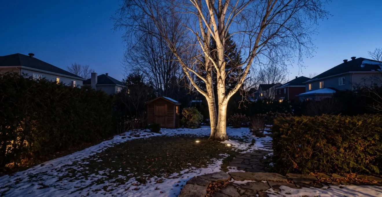Jardin résidentiel québécois la nuit où un bouleau est mis en valeur par des projecteurs encastrés invisibles dans le gazon.