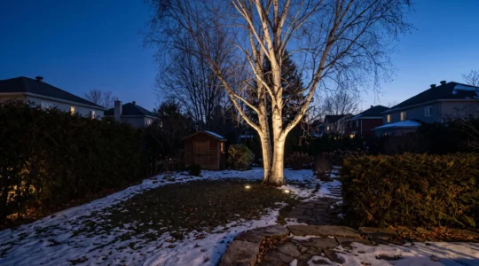 Jardin résidentiel québécois la nuit où un bouleau est mis en valeur par des projecteurs encastrés invisibles dans le gazon.