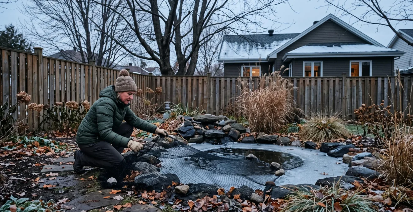 Un propriétaire installe un filet de protection sur son bassin de jardin dont les bords commencent à geler, dans une cour résidentielle québécoise en fin d'automne.