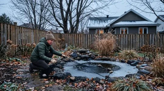Un propriétaire installe un filet de protection sur son bassin de jardin dont les bords commencent à geler, dans une cour résidentielle québécoise en fin d'automne.