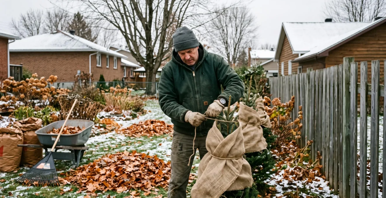 Un propriétaire installe une toile de protection autour de conifères dans un jardin québécois à l'automne, avant les premières neiges.