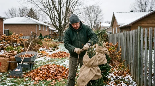 Un propriétaire installe une toile de protection autour de conifères dans un jardin québécois à l'automne, avant les premières neiges.