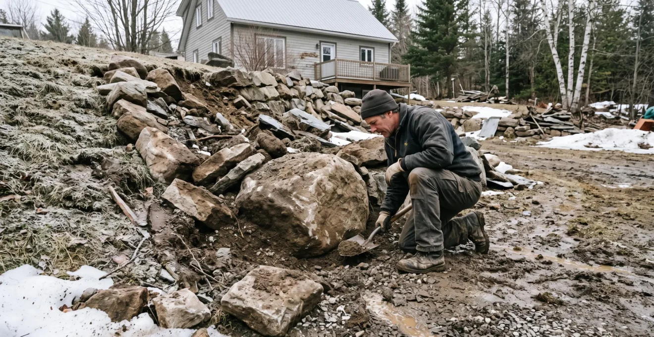 Un paysagiste inspecte une grande pierre de rocaille déplacée sur un talus boueux sillonné par le ruissellement de la fonte des neiges au Québec.