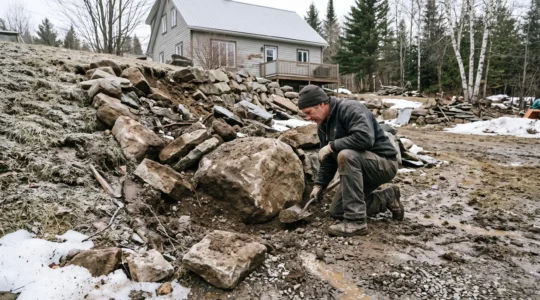 Un paysagiste inspecte une grande pierre de rocaille déplacée sur un talus boueux sillonné par le ruissellement de la fonte des neiges au Québec.