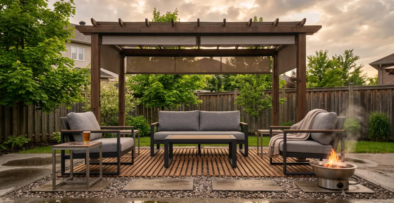 Un salon extérieur avec meubles en aluminium et pergola en bois installé sur dalle drainante dans une cour québécoise au soleil couchant après la pluie.