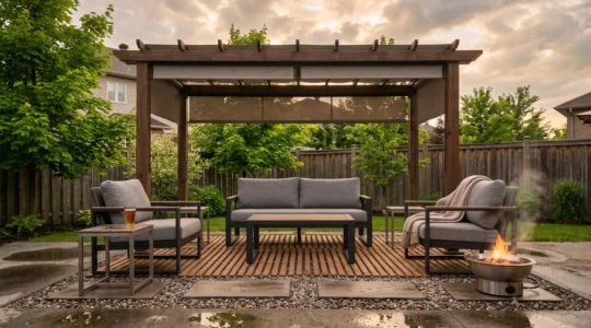 Un salon extérieur avec meubles en aluminium et pergola en bois installé sur dalle drainante dans une cour québécoise au soleil couchant après la pluie.