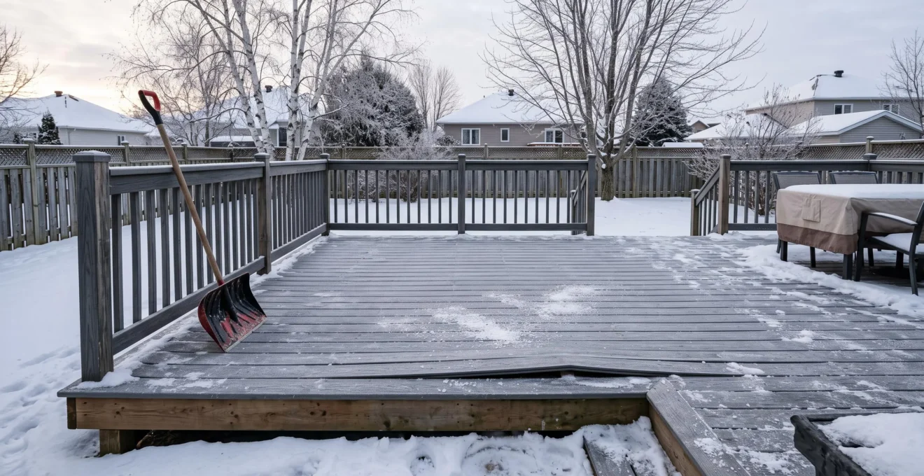 Terrasse en composite en fin d'hiver au Québec, avec neige compactée, traces de déneigement et une lame légèrement déformée par le froid.