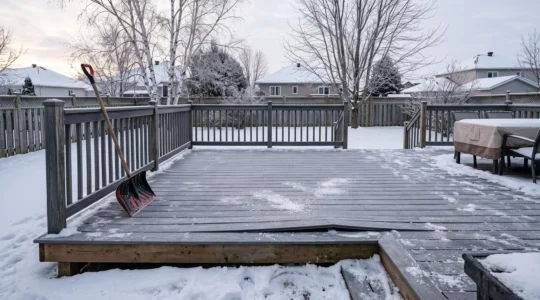 Terrasse en composite en fin d'hiver au Québec, avec neige compactée, traces de déneigement et une lame légèrement déformée par le froid.
