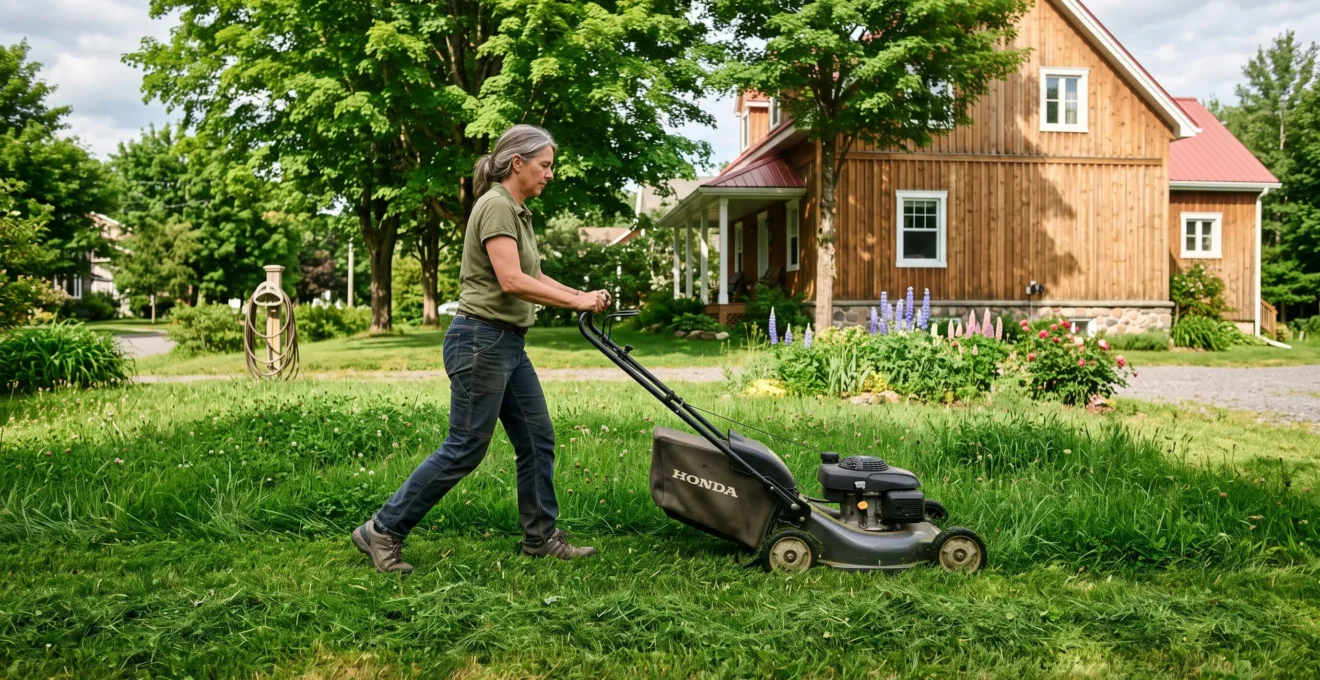 Un propriétaire tonde une pelouse dense et haute avec une tondeuse à hauteur de coupe réglée haut, dans une cour résidentielle québécoise ensoleillée.