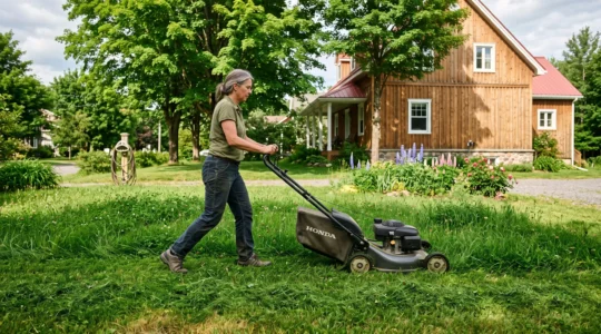 Un propriétaire tonde une pelouse dense et haute avec une tondeuse à hauteur de coupe réglée haut, dans une cour résidentielle québécoise ensoleillée.